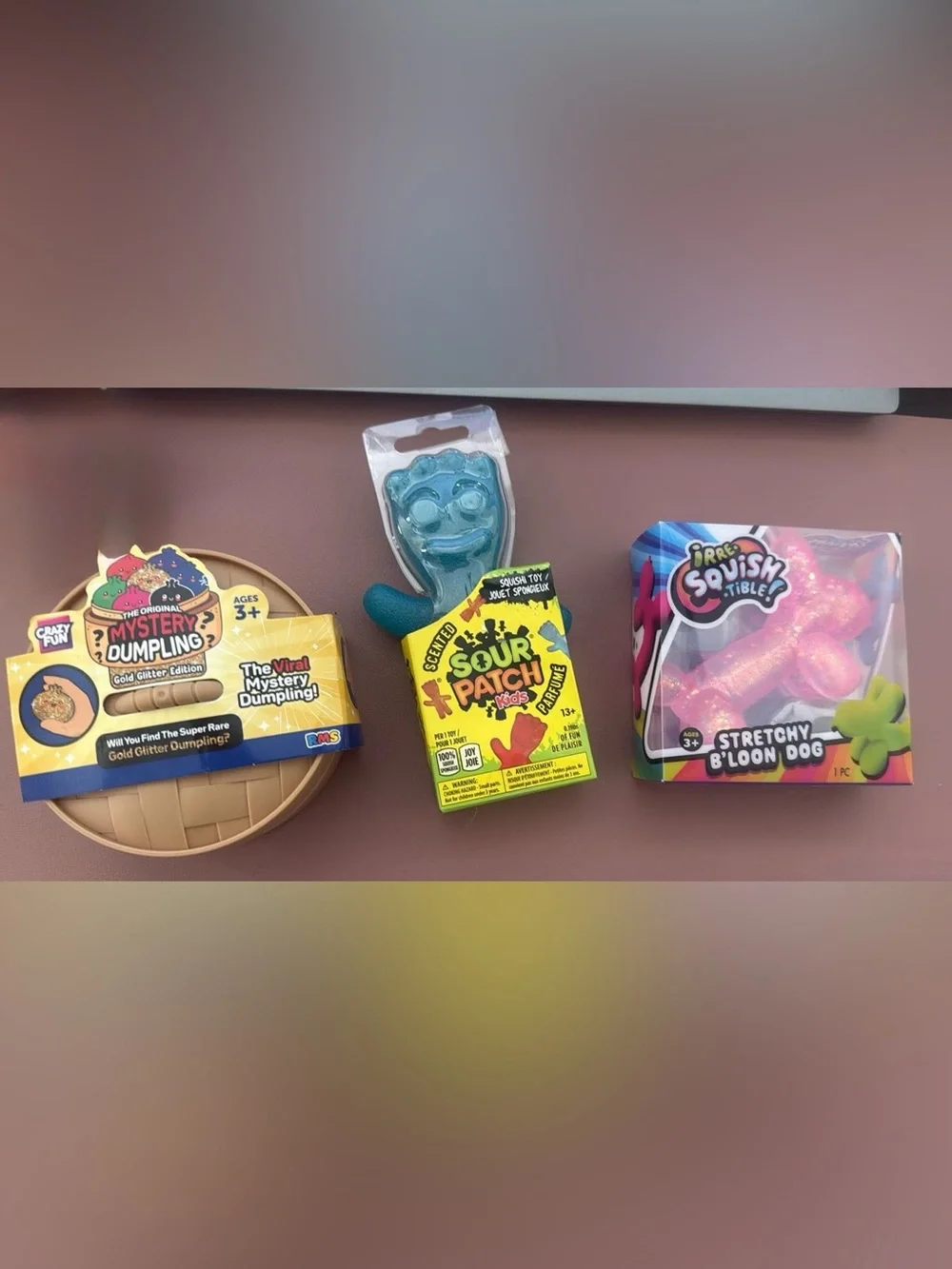 Squishy toy bundle - RMS Dumpling, Sour Patch Kid and glitter balloon dog